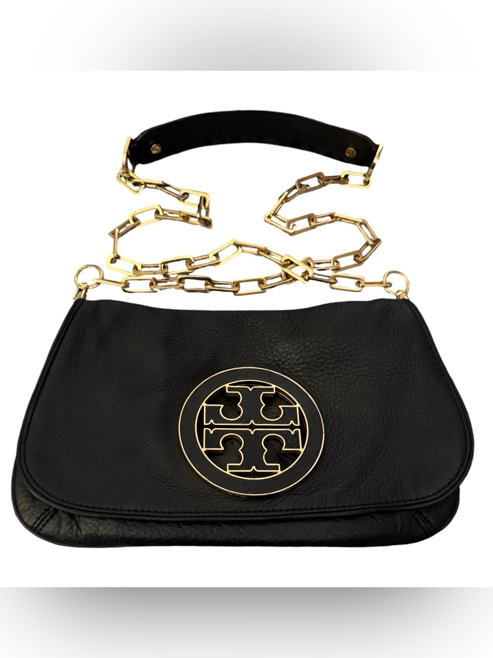 Tory Burch Amanda Reva Black Leather Clutch - Shoulder Bag Gold Tone Chain | GUC